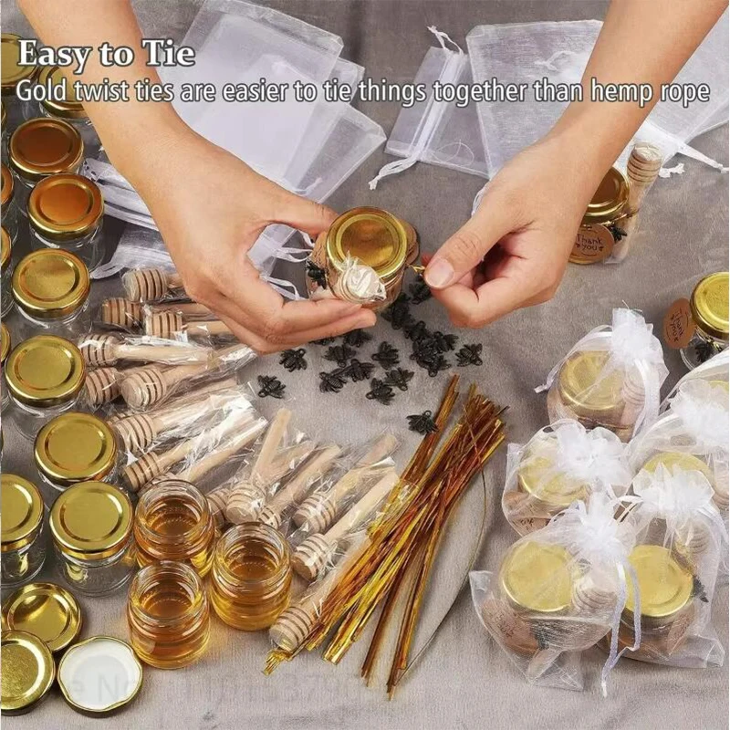 10/20PCS 1.5oz Mini Glass Honey Jars with Wood Dipper Small Glass Favor Jars with Lids,Bee Pendant,Gift Bag,Gold Twist Tie,Tag