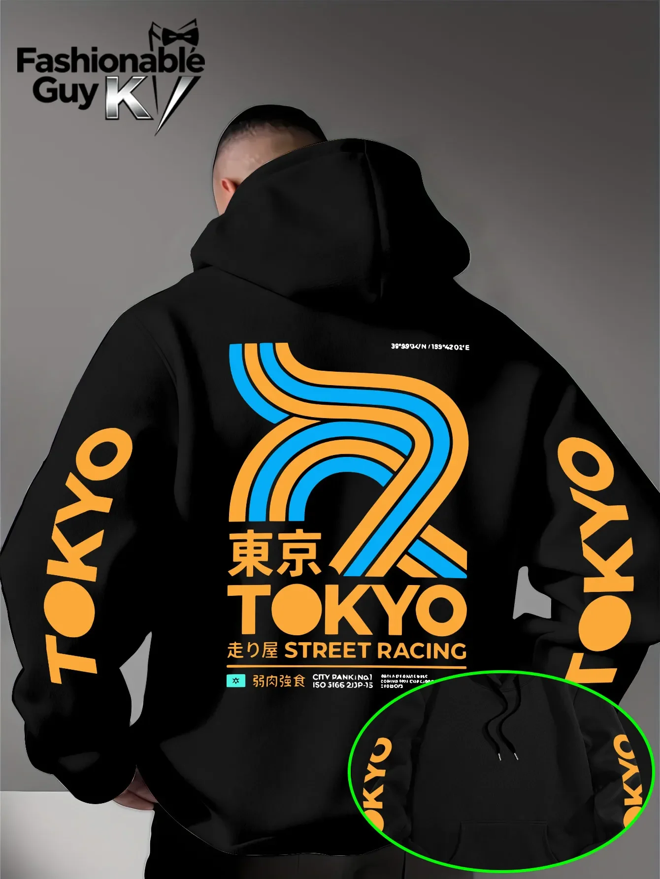Men Tokyo Street Racing Hoodie Japanese Kanji Retro Race Track Graphic Print Loose Fit Streetwear Pullover Sweatshirt Autumn