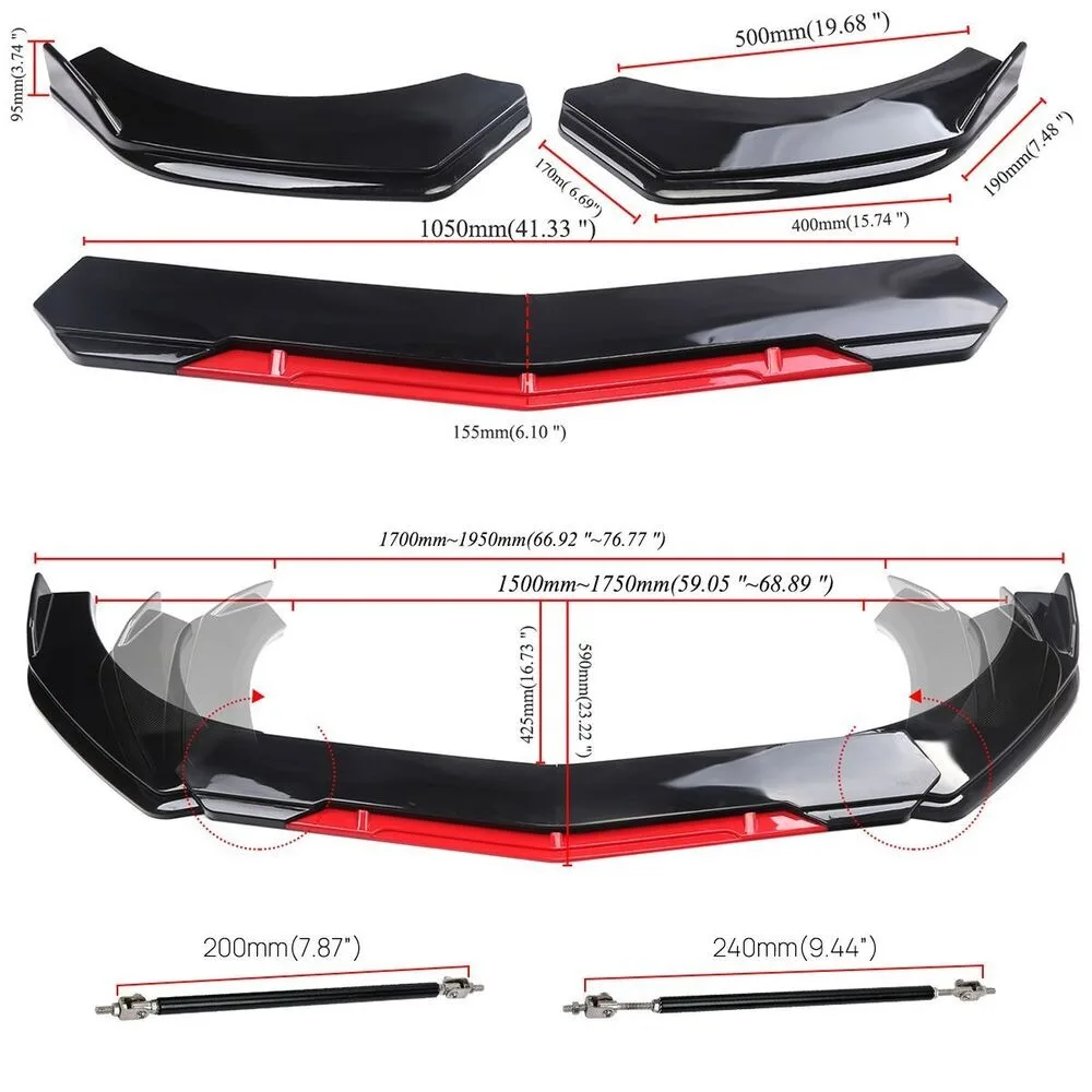 Front Bumper Lip Spoiler Splitter Gross Black Red+ Strut Rods For Dodge Charger  United States