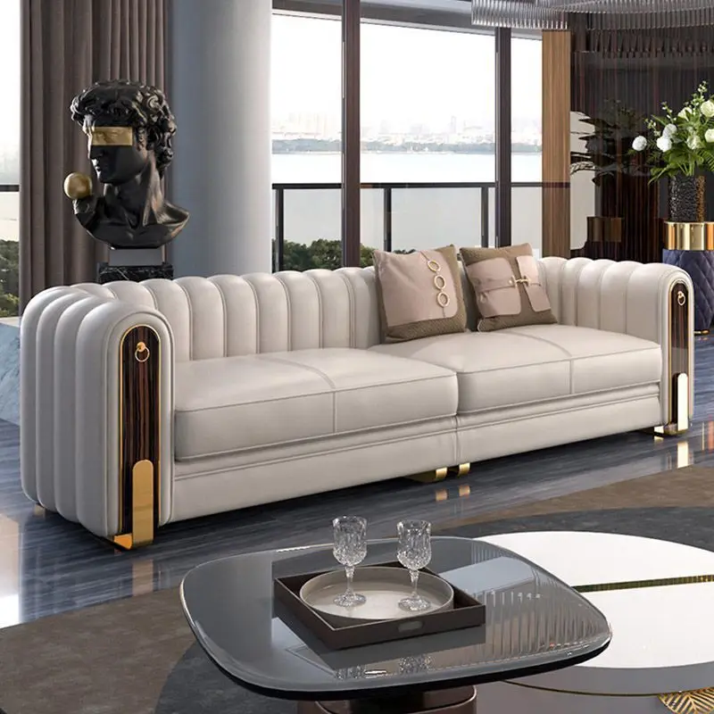 Modern imitation leather sofa set, light gold embellishment, living room furniture