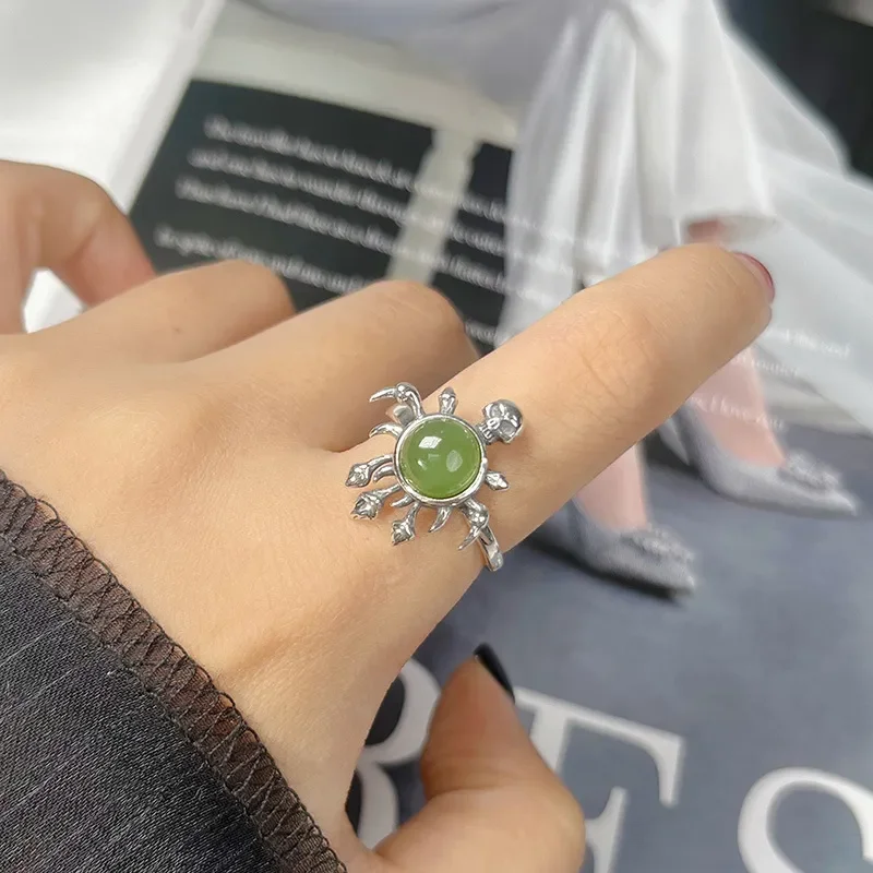 European and American personalized skull spider ring S925 silver natural jasper blue gold red corundum men's and women's