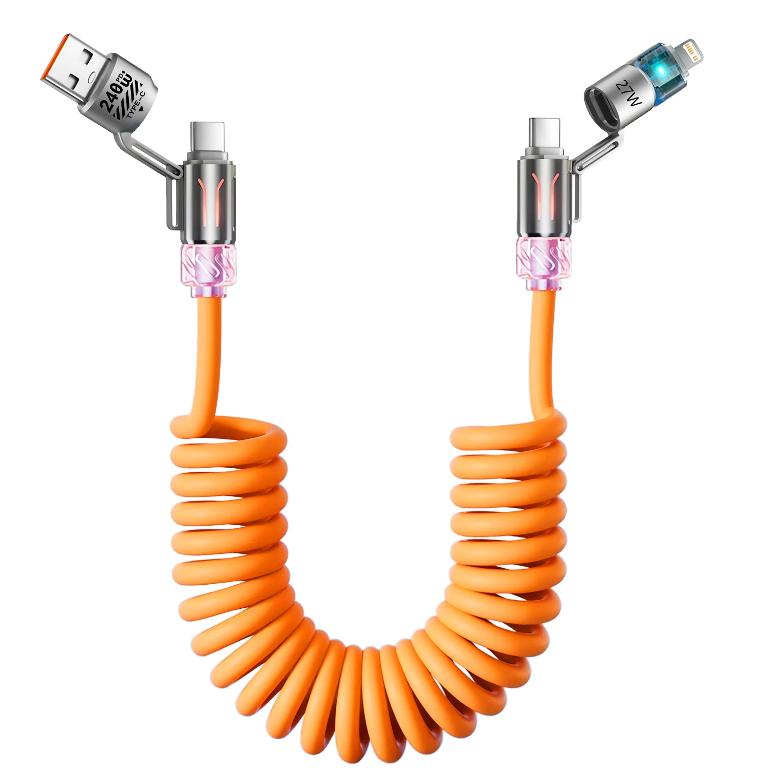 Cable de Carga USB Tipo-C Naranja/Azul para Teléfono, Cable de Datos con Carga Rápida PD para iPhone Xiaomi, Cable de Carga con Lámpara LED