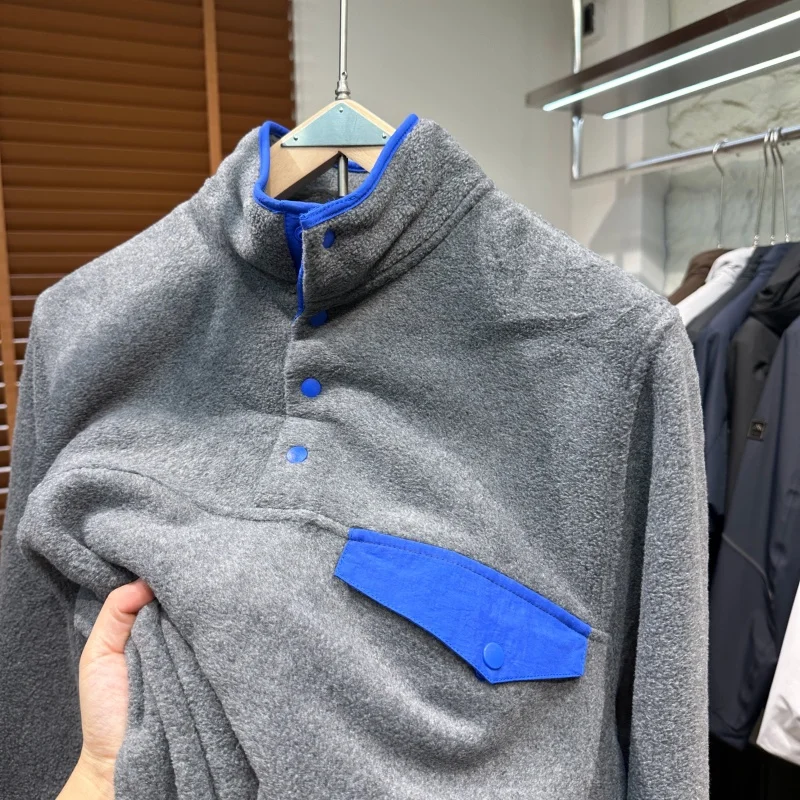 Retro Japanese Style Fleece Sweatshirt Jacket Men's Pure Color Button Collar Loose Fit Warm Long Sleeve Hoodie Coat