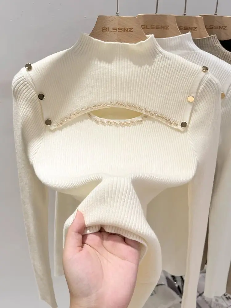 Women\'s  Autumn Winter Half Turtleneck Knitted Sweater Pullover Jumper Female lim Sexy hollow out Bottoming Cashmere Sweater