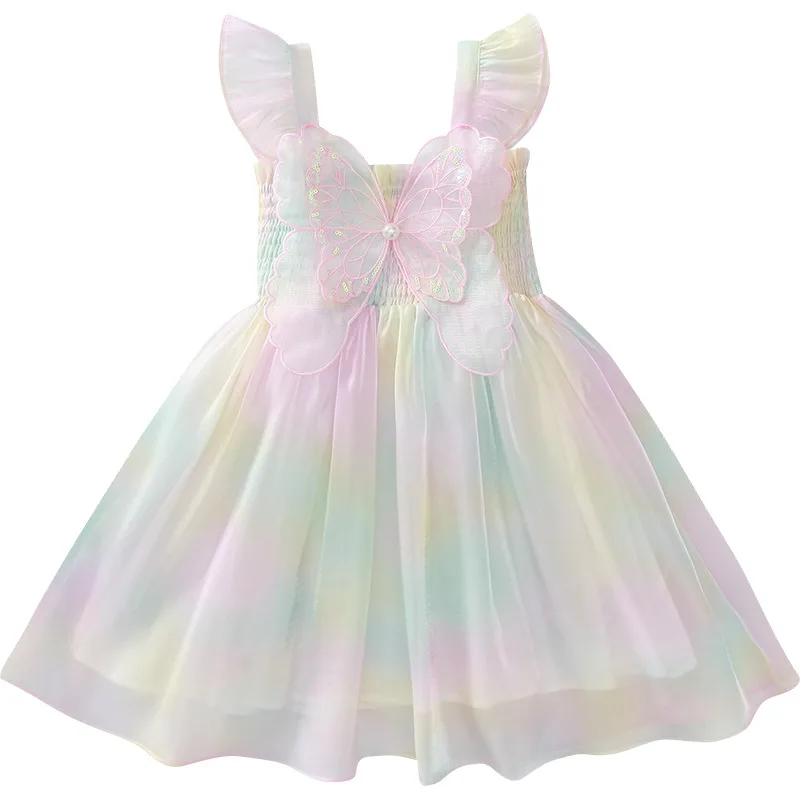 Cute Color Mesh Dress with Butterfly Wings off Shoulder Tie-Dye Tulle Summer Clothes Party Frock Girls Ranbow Robe Casual Gowns