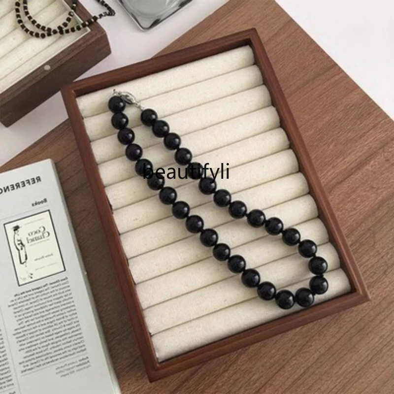 Sterling silver natural black agate beaded necklace girls round beads premium light luxury design niche collarbone chain