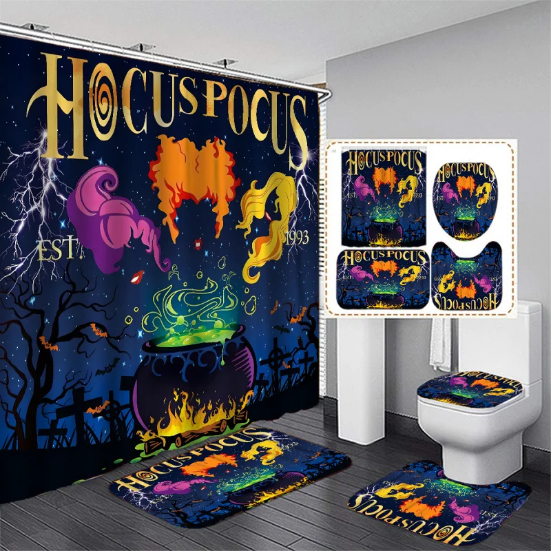 1/4Pcs Halloween Gifts Supplies Set, Waterproof Shower Curtain With 12 Hooks, Bathroom Rug, Toilet U-Shape Mat, T