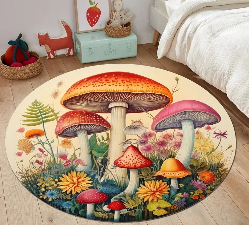

Round Mushroom & Floral Floor Mat for Kids Room – Vibrant Playful Rug for Festive Room Decor
