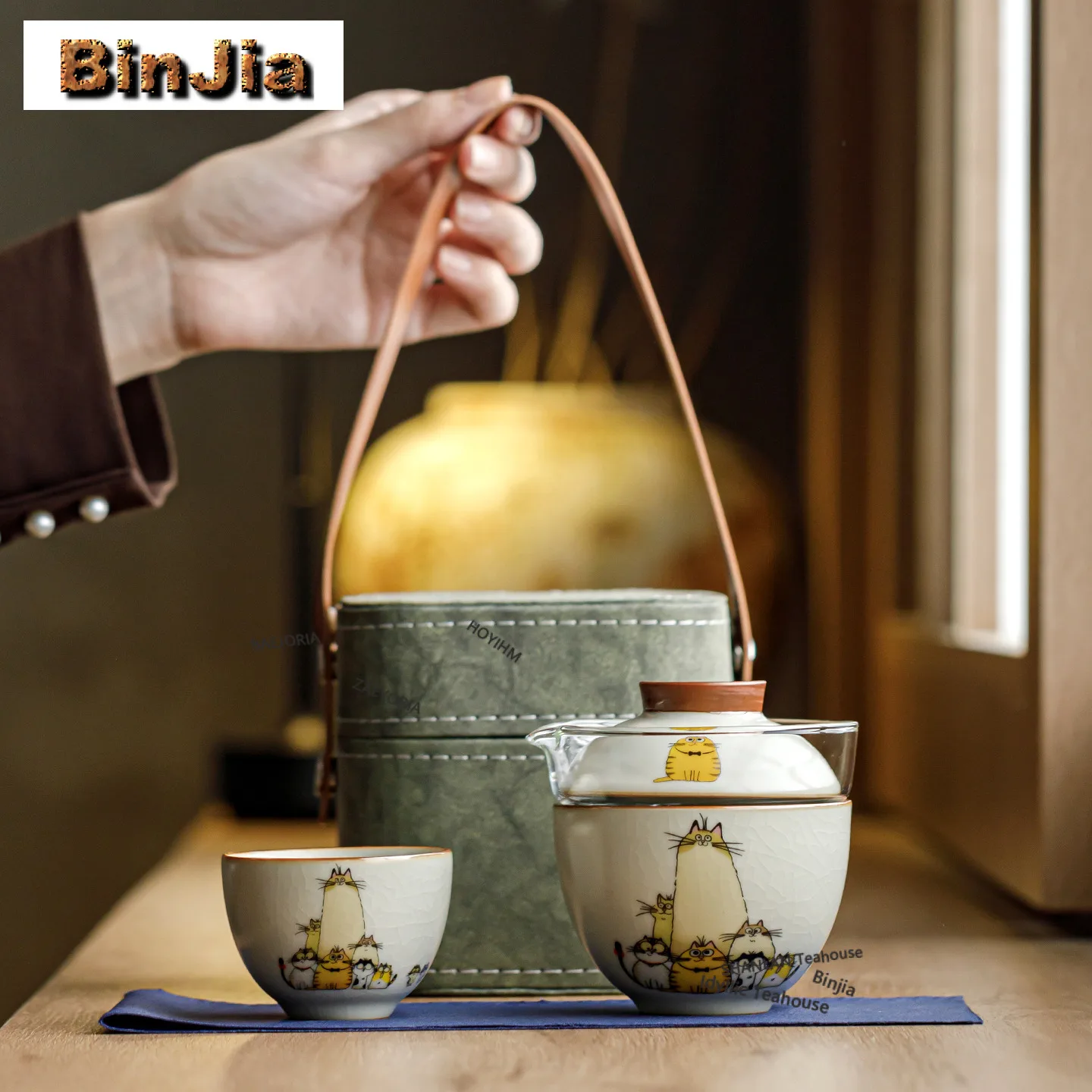 Beige Ru Kiln Cat Travel Tea Set Kit Luxury 1 Bowl 2 Cups Tea Making Organizer Portable Camping Stock Bags Supplies Decoration