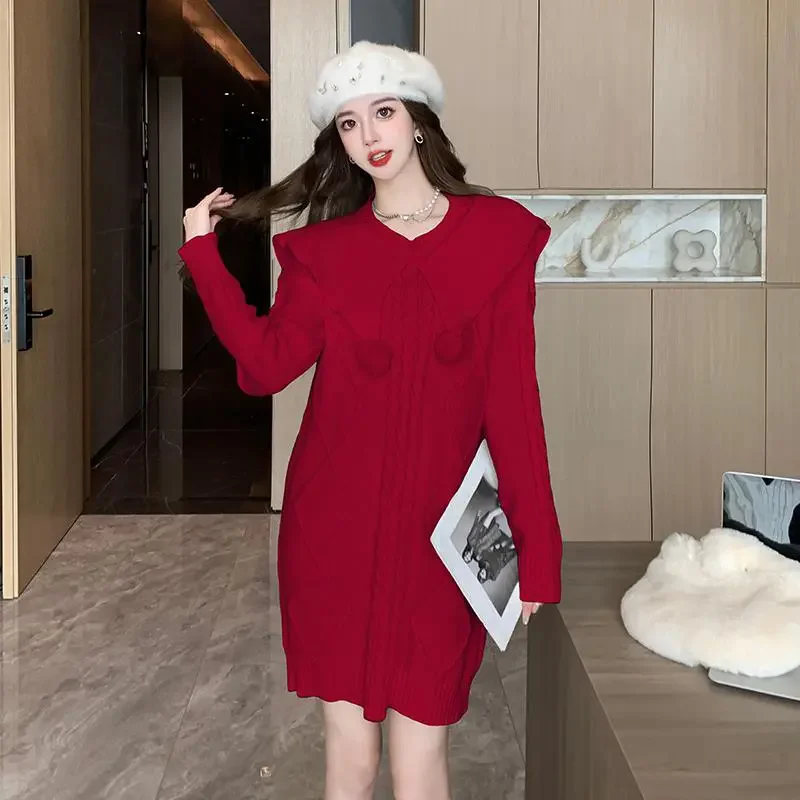 Puppen kragen rotes Pullover kleid für Damen Herbst Winter neue lose Strickwaren Rock koreanische Mode Vestidos