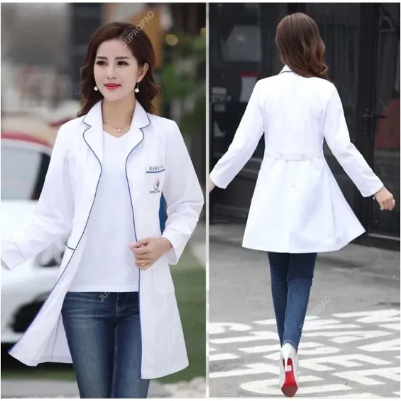 Casaco de laboratório feminino, jaleco médico, enfermeira, jaqueta de esteticista, uniforme médico, mangas compridas, colarinho entalhado, vestido de alta qualidade, modelos novos