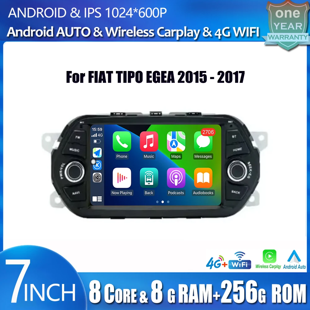 For FIAT TIPO EGEA 2015 - 2017 Android 14 Car Carplay Radio Multimedia Stereo Player WiFi GPS Navigation