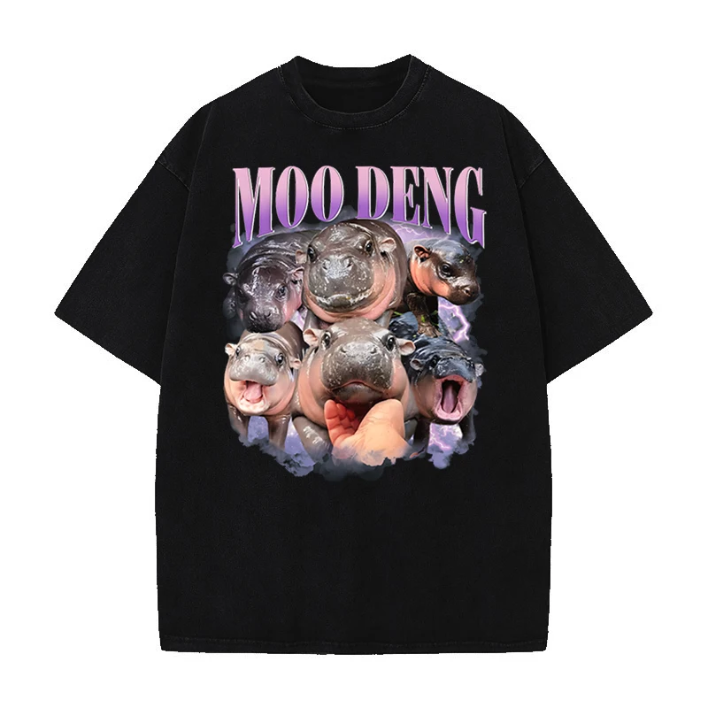 Funny Cute Moo Deng Hippo T-shirts Men Women Moo Deng Rap Tee Vintage Fashion Little Hippo Pig Lover Shirts Washed Cotton Tshirt