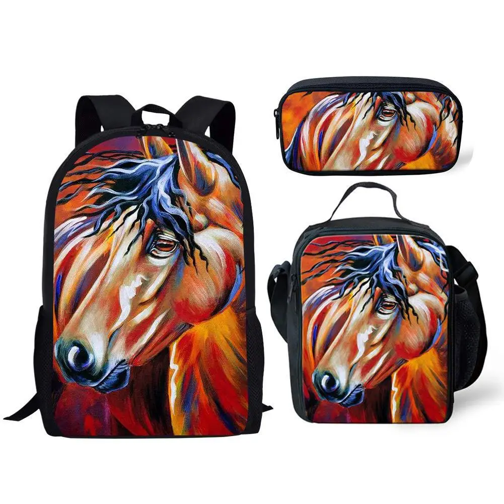 3D Printed Horses Animals 3 Set School Bag Lightweight Backpack for Teen Boys Girl Casual School Bag Lunch Bag Pencil Case