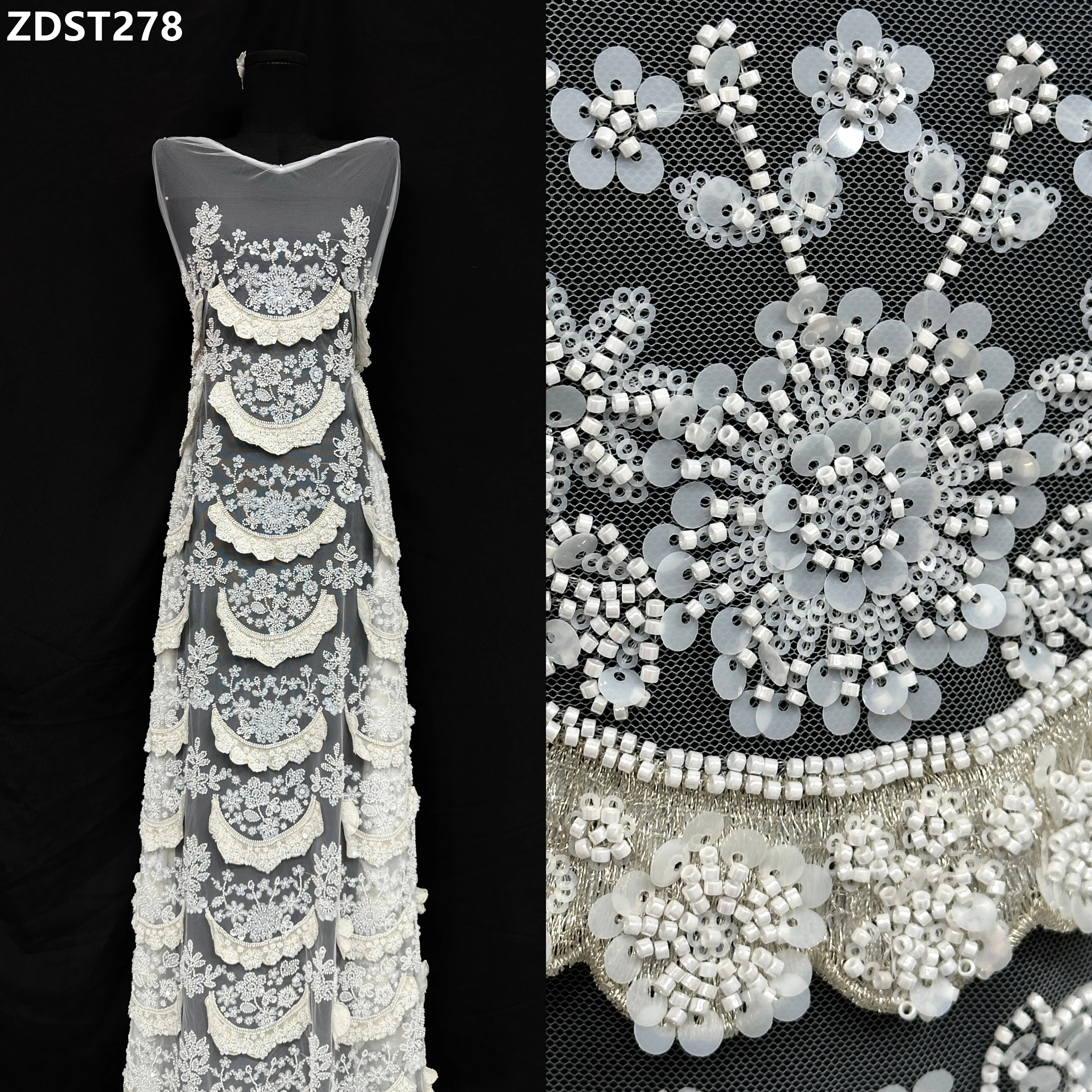 Luxury African Sequins Beaded Lace Fabric European Wedding Lace Nigerian Tulle Net Lace Fabric