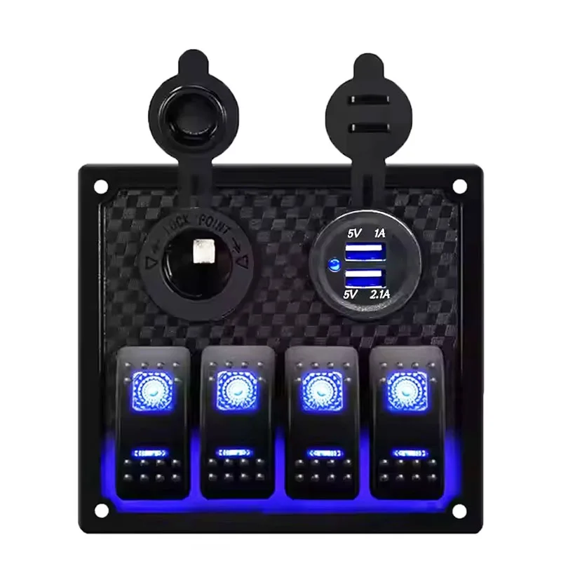 4 Gang Marine Rocker Switch Panel Waterproof With USB Charger & Voltmeter For Boat RV Truck 12V/24V