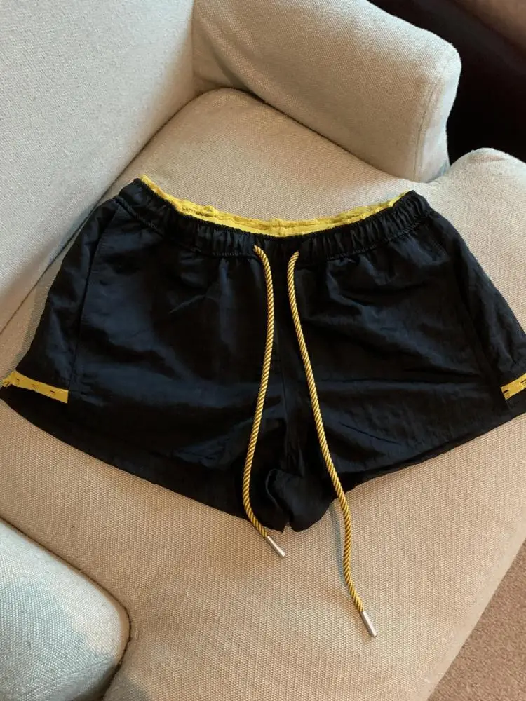 

Korean Fashion Women Patchwork Drawstring Lace-up Versatile Shorts Summer Grey High Waist Loose Wide Leg Short Pant Casual Trend