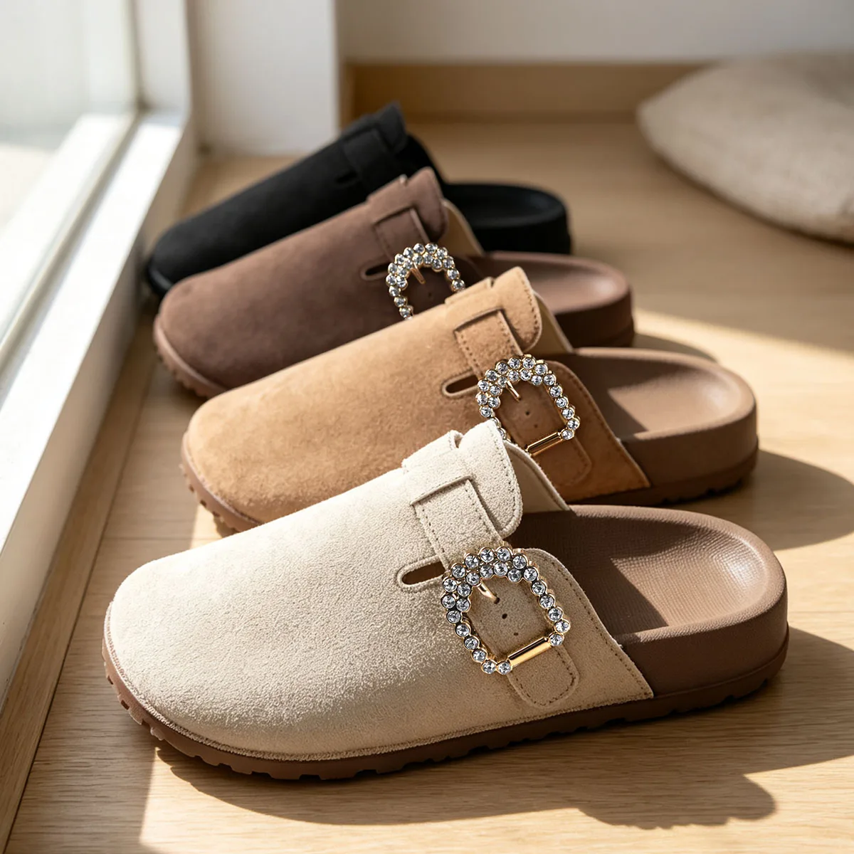 Women Large Size Closed Toe Mules Adjustable Buckle Slip‑on Slippers Ladies Casual Daily Flat Slides For Outdoor Walking