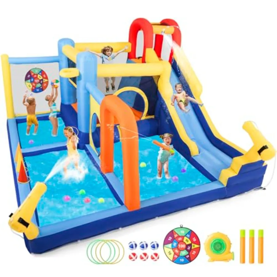 

Надувная водная горка-аквапарк с бассейном, батутом, скалодромом, трамплином, играми с фетровыми шариками и кольцами для метания