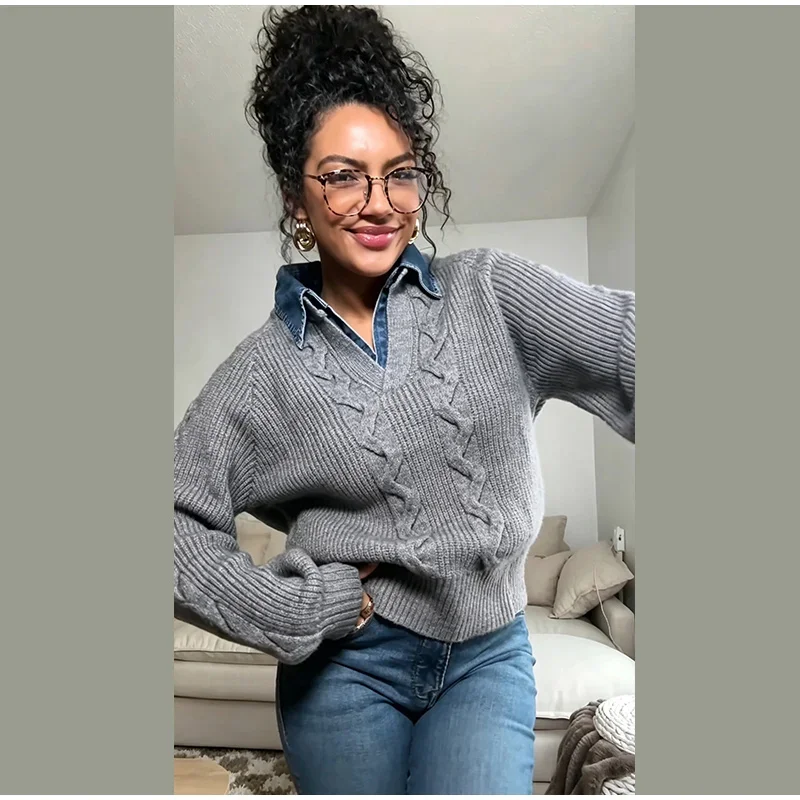 Gedrehter Revers-Kragen Denim-Patchwork Strickpullover für Damen, Streetwear Langarm Locker Sitzende Strickwaren, Schicke Damen-Oberbekleidung Neu – Detail 3