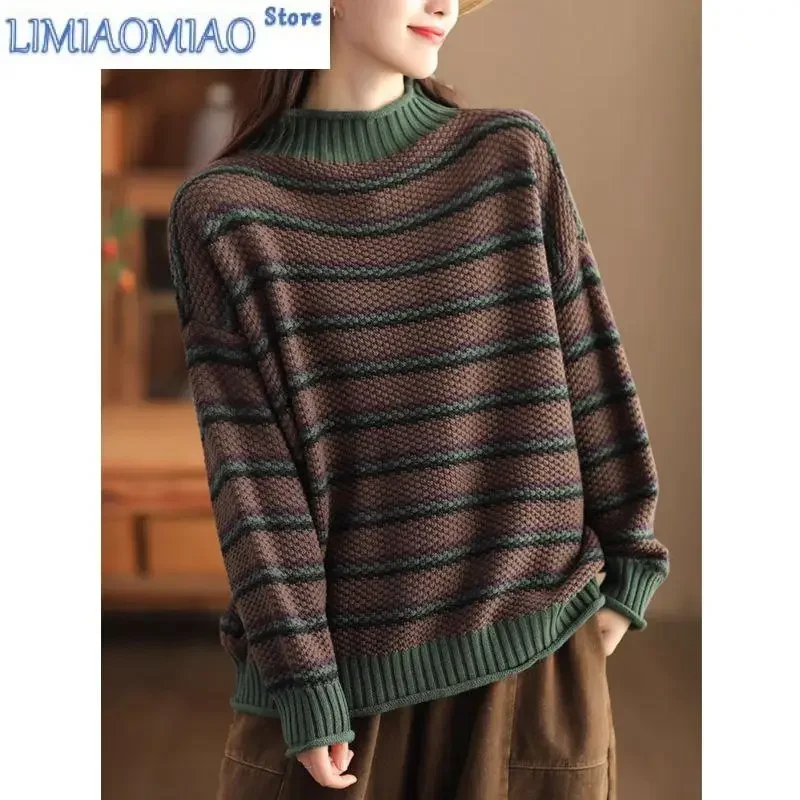 

New Autumn/Winter Fashion Thickened Vintage Stripe Color Block Half High Neck Loose Versatile Western Commuter Women's Sweater