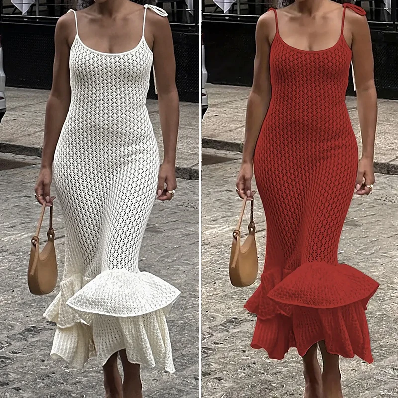 レディースビーチホリデーニットビキニカバーアップ、無地ダブルフリルスリップドレス、セクシーな透かし彫りビーチウェアカバーアップ