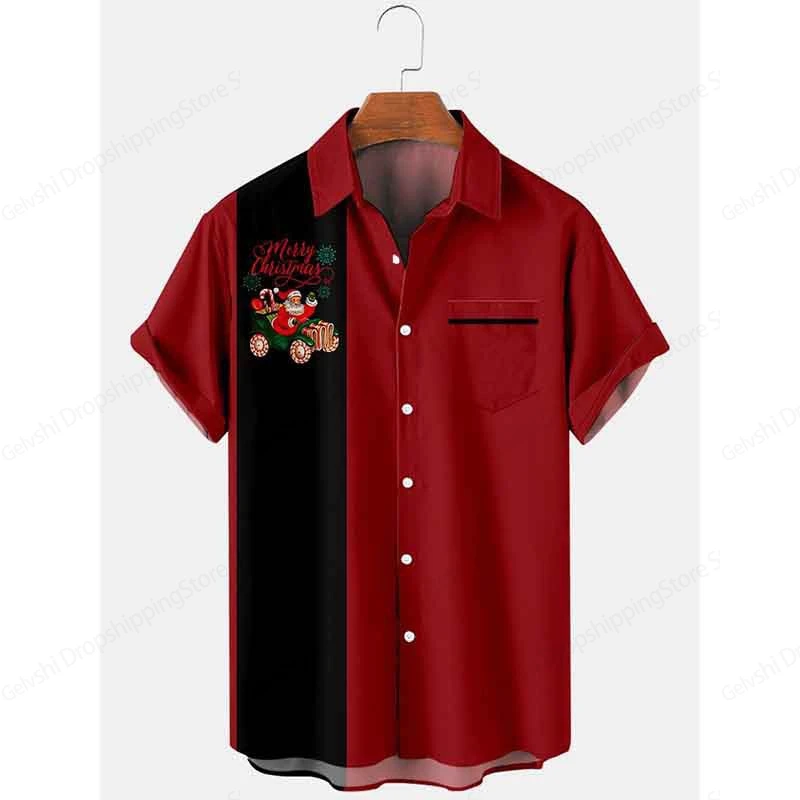 Santa Claus Hawaiian Shirt Pocket Christmas Elegant Print Shirt Men Women Fashion Short Sleeve Hawaiian Shirt Beach Blouse Elk