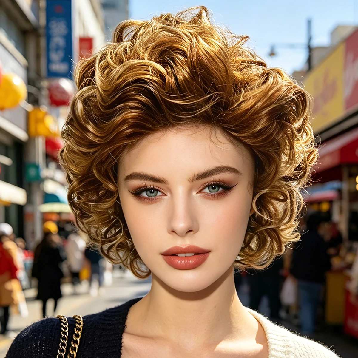 Honey Blonde Highlight Short Curly Fluffy Synthetic Wig Women Natural Daily Halloween Party Cosplay Costume Hairpiece