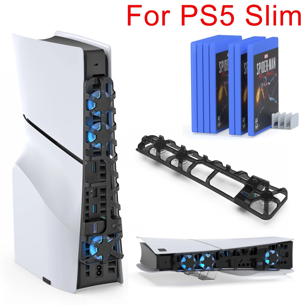 Cooling Fan for Playstation 5 Slim Cooling System External Fan Cooler with Horizontal Stand &Game Card Box Holder for PS5 Slim