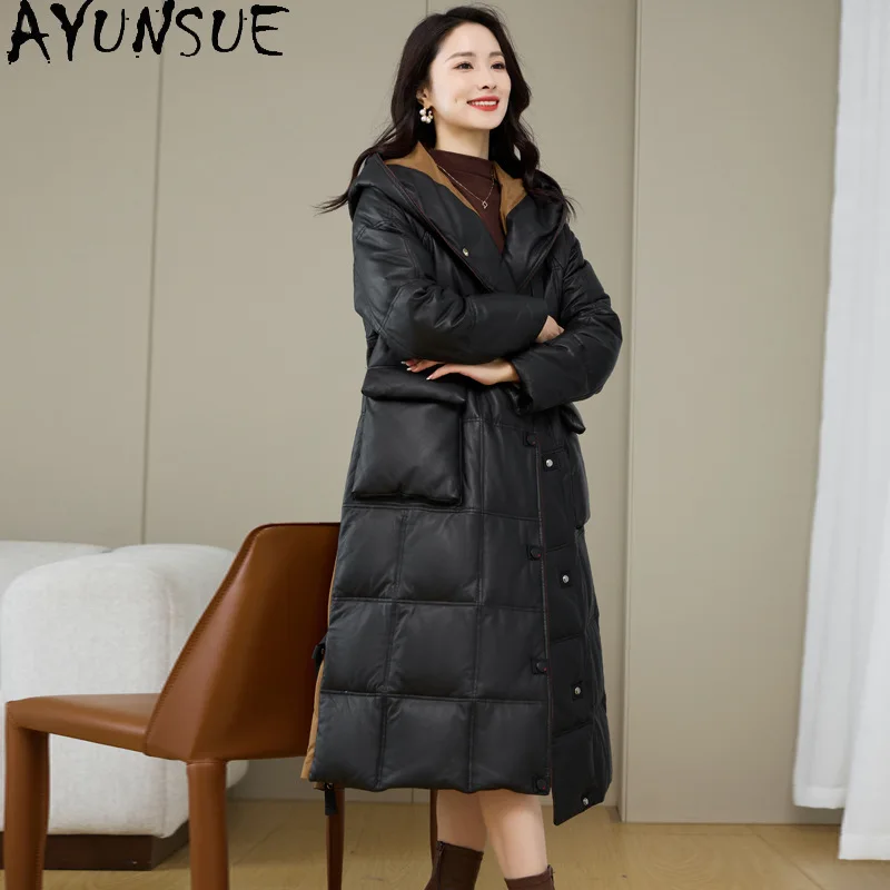 AYUNSUE 100 % Oberschicht Schaffell Echtes Leder Daunenjacke Damen Winterkleidung 2025 Mittellanger 90 % weißer Gänsedaunenmantel