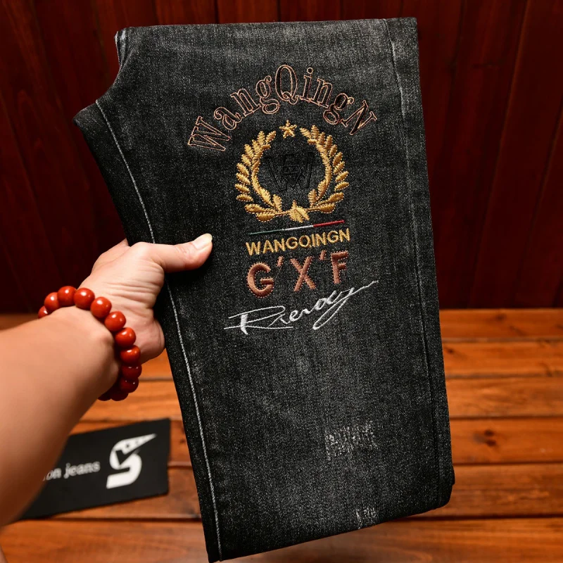 高級刺繍プリントライトラグジュアリーデニムメンズ、秋、スリムフィット、カジュアルトレンド、ブラックグレーパンツ