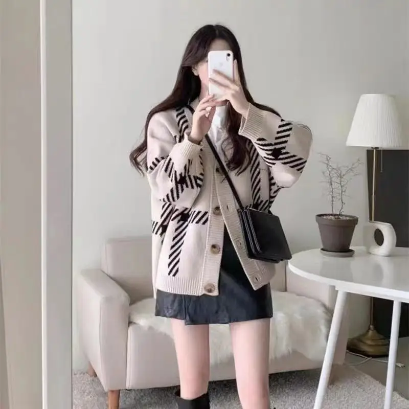 Black Striped Knitted Cardigan for Women in Autumn and Winter Loose and Lazy Style Simple and Versatile Sweater Jacket