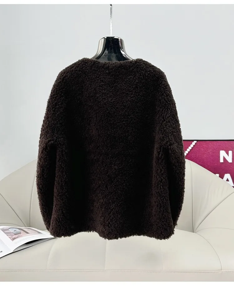 معطف فرو خروف قصير برقبة دائرية للنساء لخريف وشتاء 2025 جاكيت شيرلينغ دافئ جديد PT509