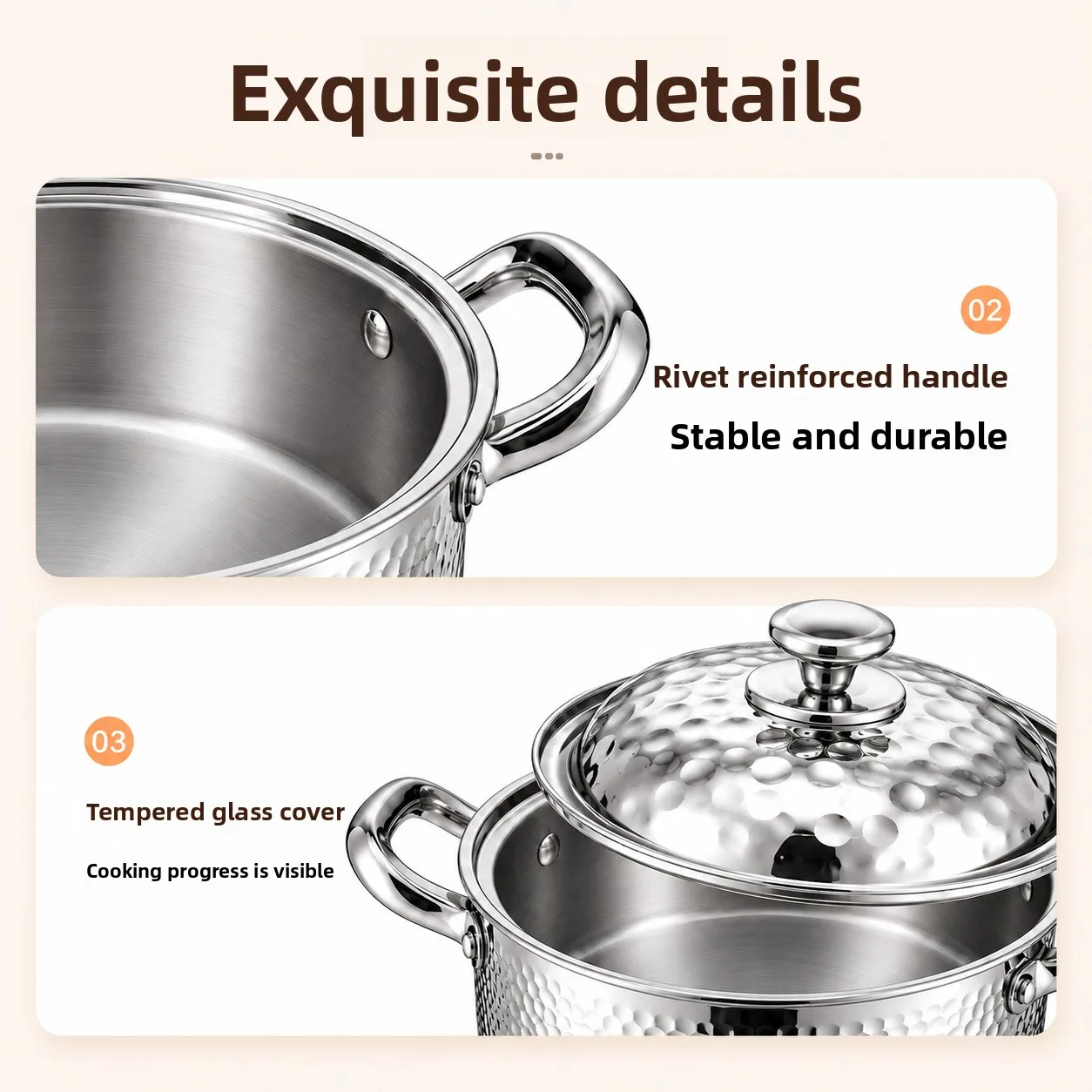 Four-piece hammer soup pot 22-28cm stainless steel soup pot hot pot binaural non-stick pan high temperature resistant with lid
