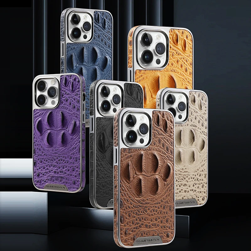 Genuine Leather Crocodile Pattern Electroplated Frame Phone Case For iPhone 12 13 14 15 Pro Max Luxury Leather Shockproof Covers