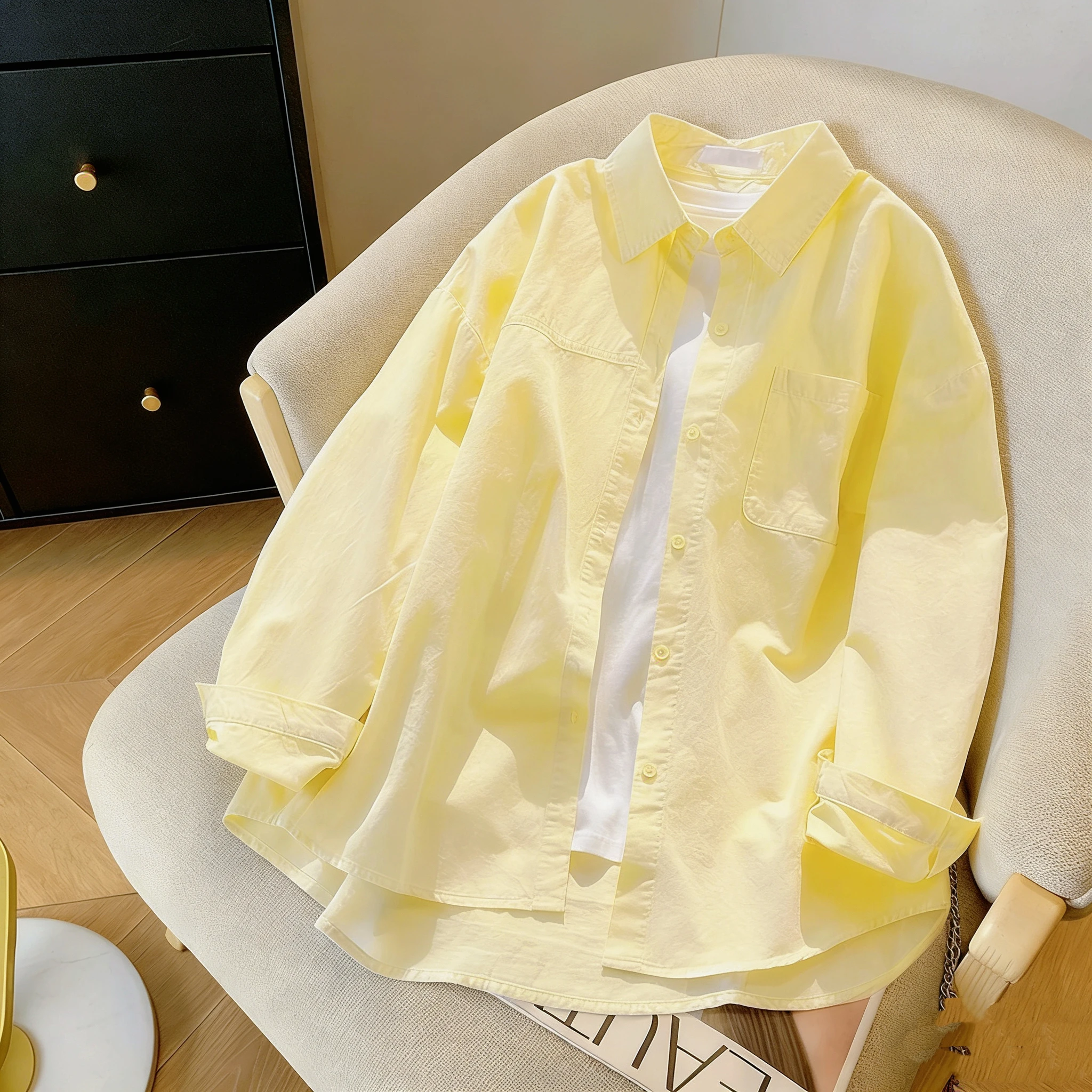 

Summer New Yellow Pure Cotton Long Sleeve Shirt Women's Thin Outerwear Sun Protection Top Commute Style Loose Fit Collar
