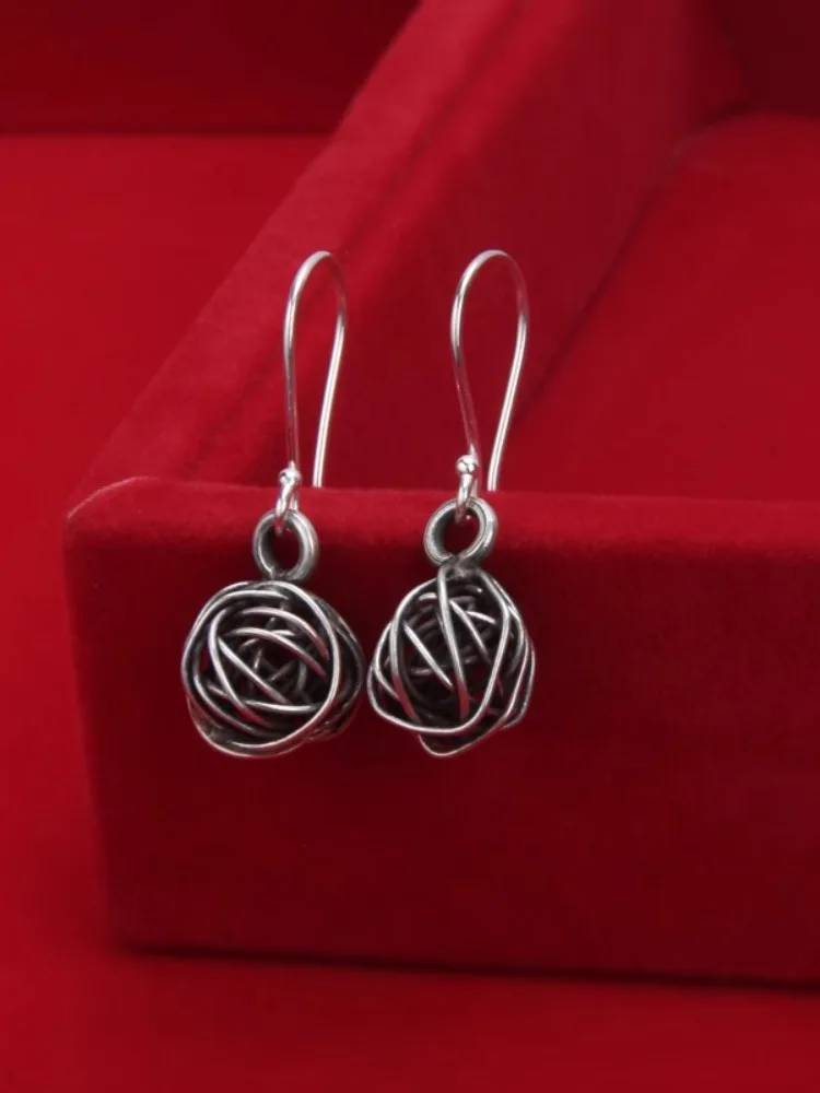 Handmade S925 Sterling Silver Fashionable Ethnic Style Thai Silver Bird Cage Ear Rings Hollow Winding Wire Old Fashioned Earr...