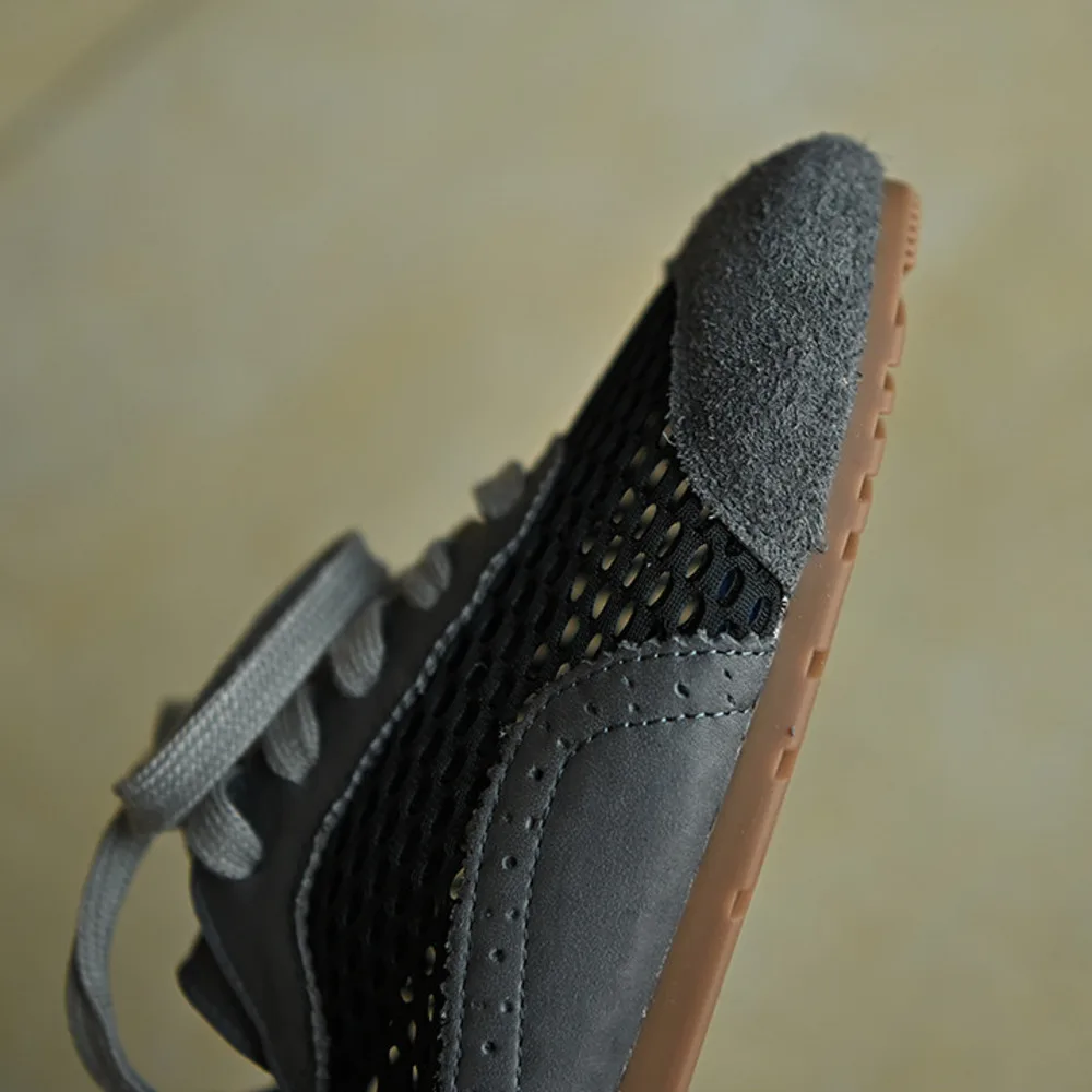 Women Dark Gray Genuine Leather Sneakers Mesh Suede Patchwork Lace‑Up Flat Retro Training Shoes view 3