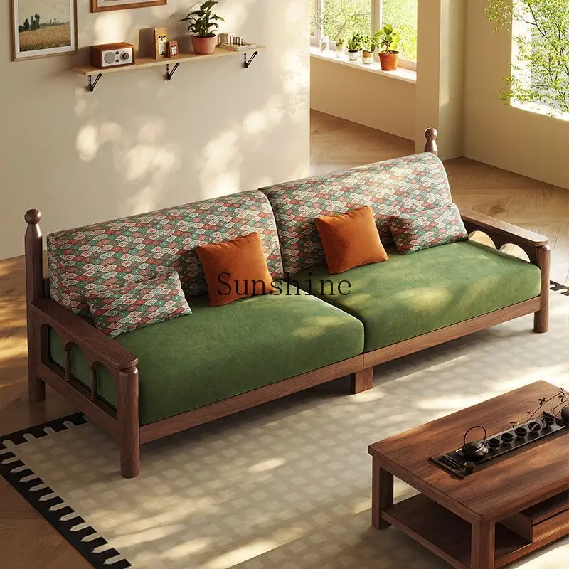 

New Chinese-style solid wood, medieval style simple and modern apartment size living room fabric straight row sofa