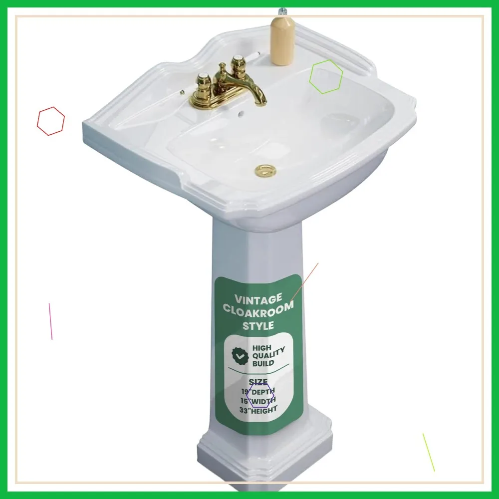 

19"x33" White Porcelain Pedestal Sink with Overflow and Faucet Holes for Small Bathrooms