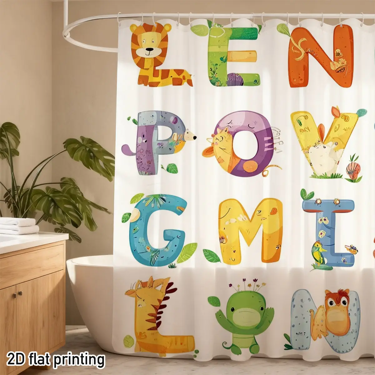 Animal Alphabet Shower Curtain – 26 Vibrant Letters with Jungle Friends  Waterproof Polyester, 70×70