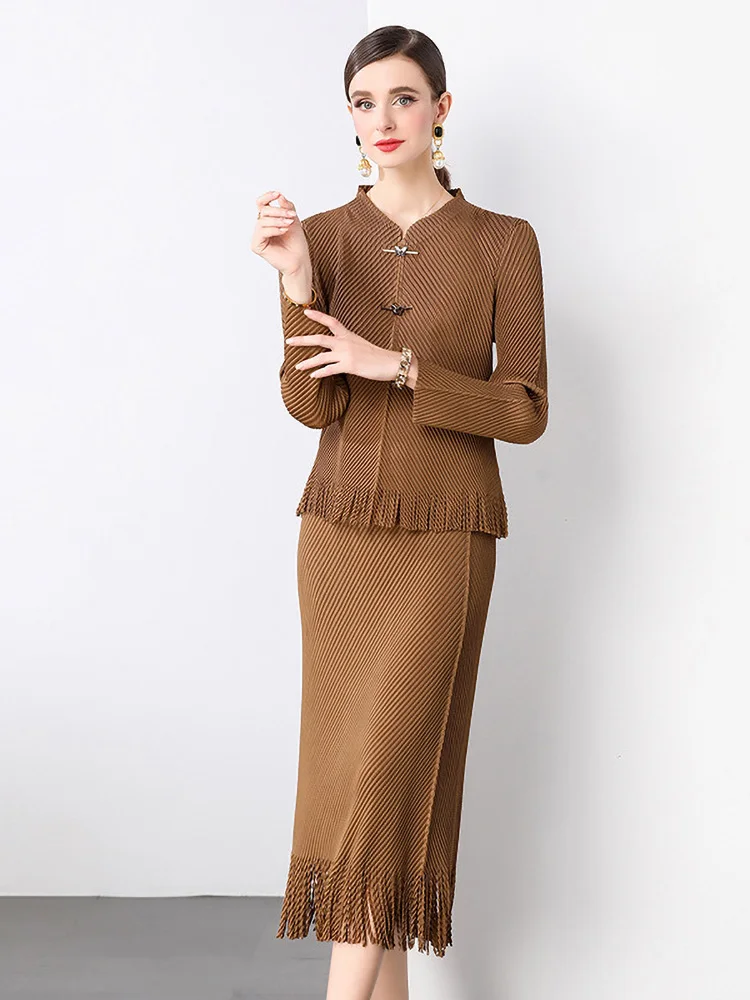 

ANLAN Miyake Fringe Skirt 2-piece Sets High-quality Fish Scale Pleated Fashion Atmosphere Slim Skirt Suit Set 2025 New 2AN7801