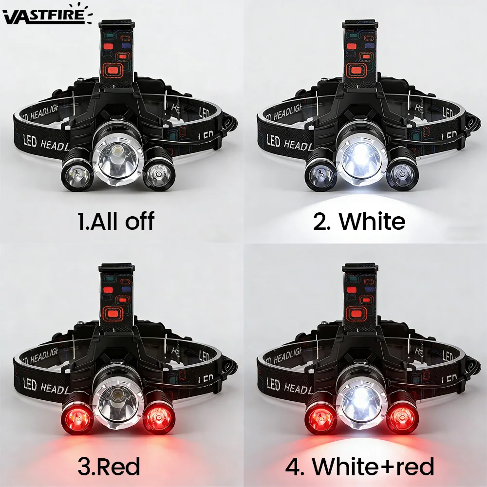 Red/white dual color LED headlights, waterproof USB port rechargeable, suitable for outdoor exploration, camping, fishing
