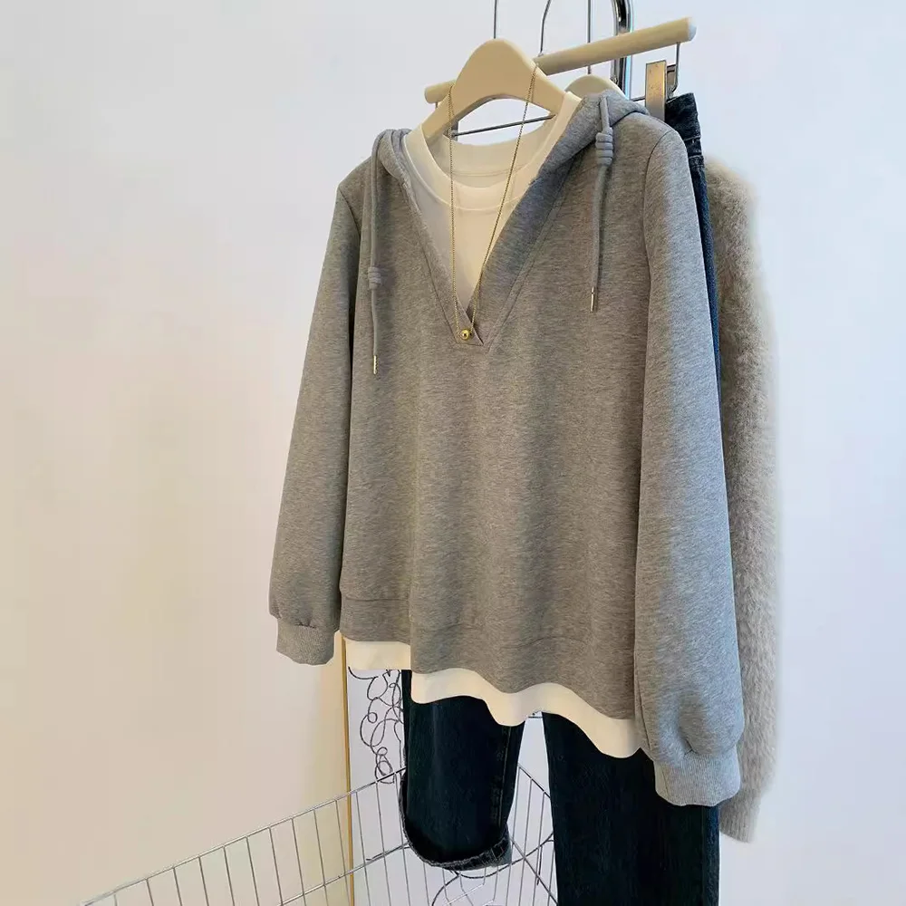 

Oversize Fake Two Pieces Hoodies for Women Spring Autumn Casual Loose Hooded Pullover Coats Female Sweatshirts Tops Jackets