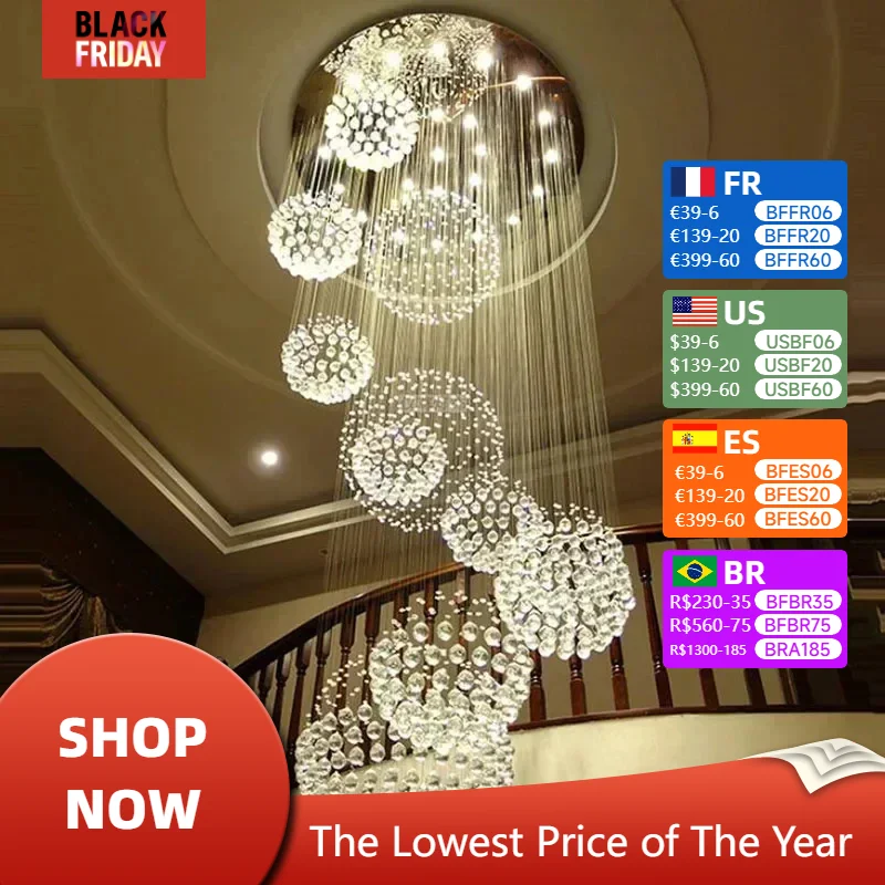 

Modern Crystal Ceiling Chandelier High Spiral Large Raindrop Flush Mount Fixture Lamps Living Room Hall Led Lights Decoration