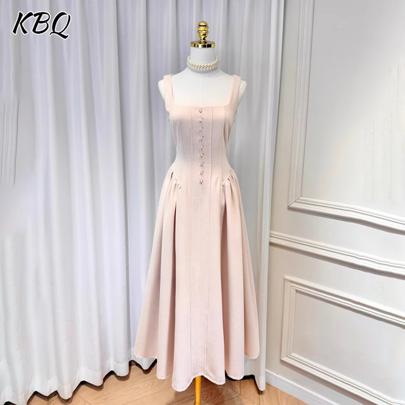 

KBQ Temperament Slimming French Tunic Dresses for Women Square Collar Sleeveless Spliced Button Elegant Dress Female Fashion New