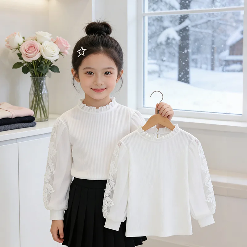 Girls Pure Cotton Spring and Autumn 2026 New Style Childrens Long Sleeved Inner T Shirt Little Girls Top White