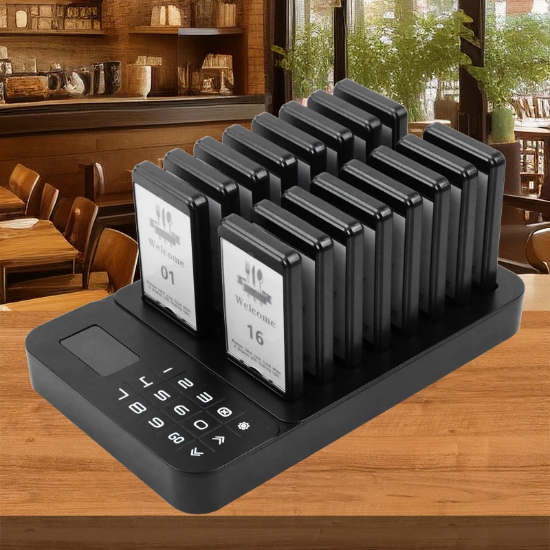 Wireless Restaurant Pager System 16 Buzzers Waterproof Food Pager Black Food Truck Beepers for Fast Food Dessert Shop Bar Cafe