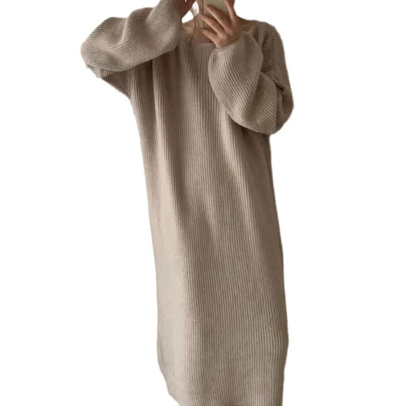 Vestidos de punto con cuello redondo para mujer, vestido largo informal liso holgado, manga larga, empalmado, recto, cálido, para oficina, invierno 2025
