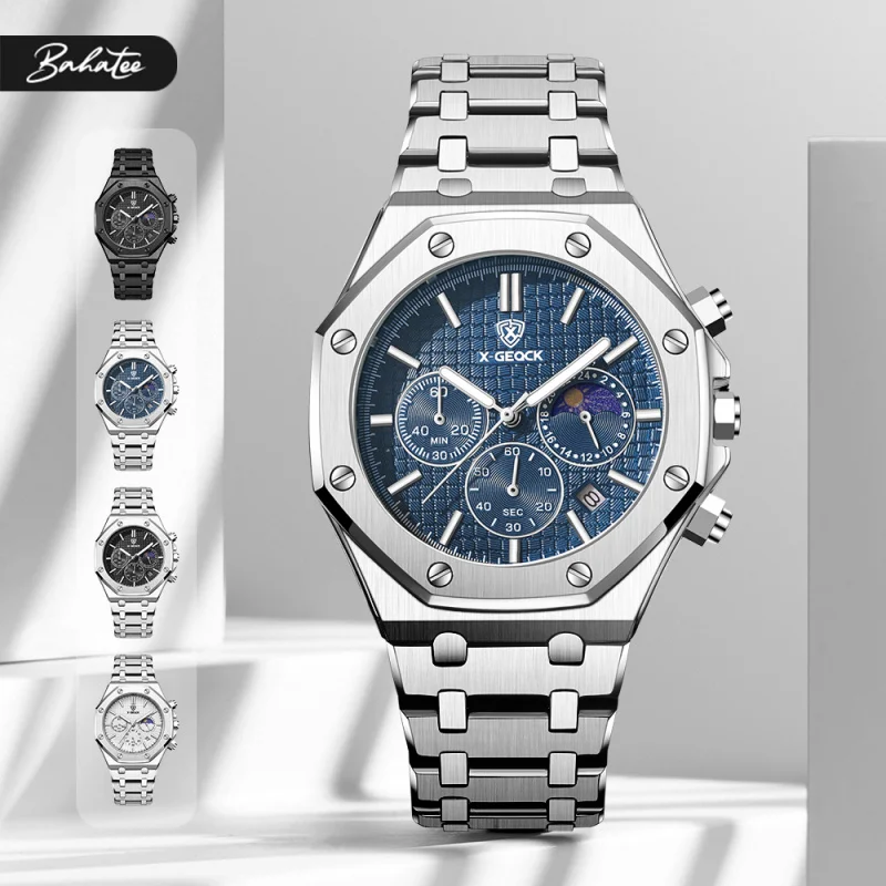 

Men’s Quartz Watch with Chronograph Three Sub dials Six Hands Luminous Function Calendar Window Stainless Steel Strap